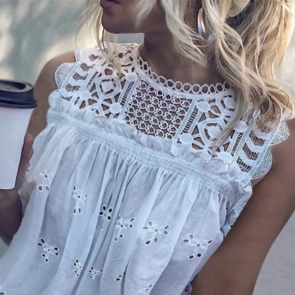 029 Bohemian White Eyelet Lace Floral Sleeveless Blouse Oversized - Picture 4 of 4